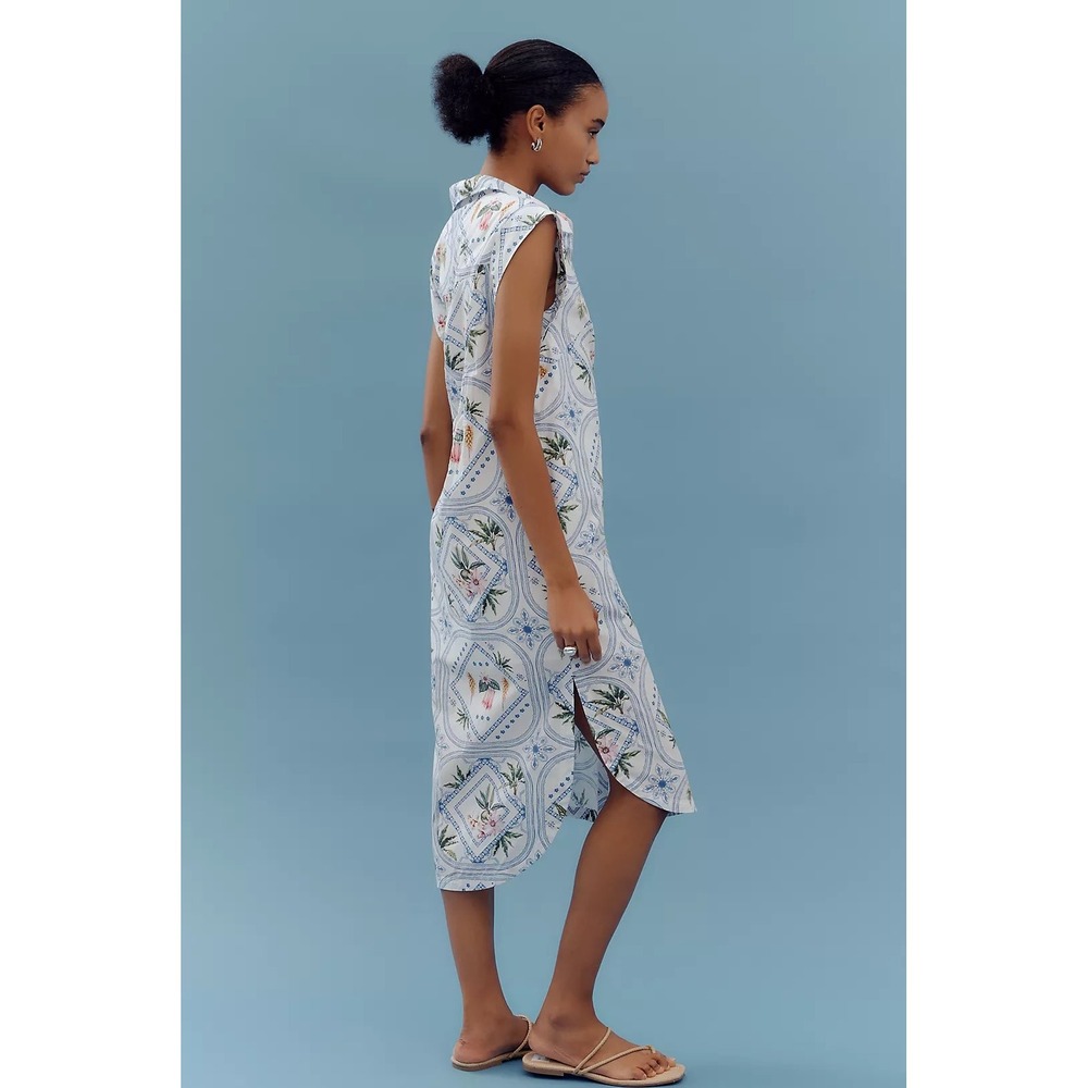 Maeve Dress Button Front Midi Cap Sleeve Blue Tropical Tile Small Petite NWT